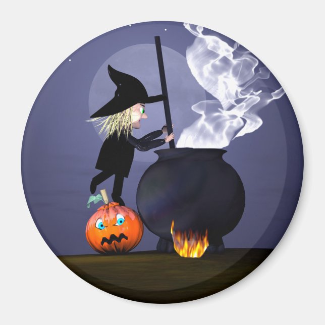 Aimant Sorcière et chaudron de Halloween (Devant)