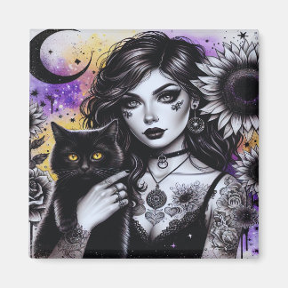 Aimant Sorcière gothique céleste et chat noir