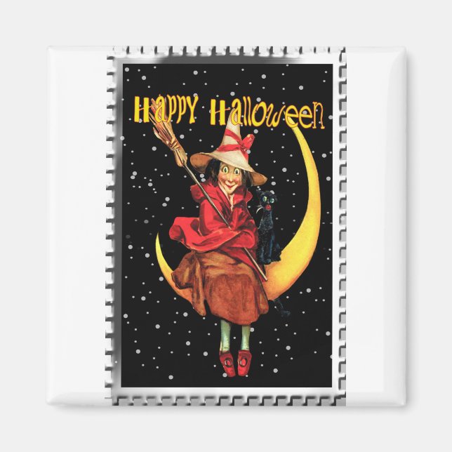 Aimant Sorcière Nostalgique Halloween et son Chat (Devant)