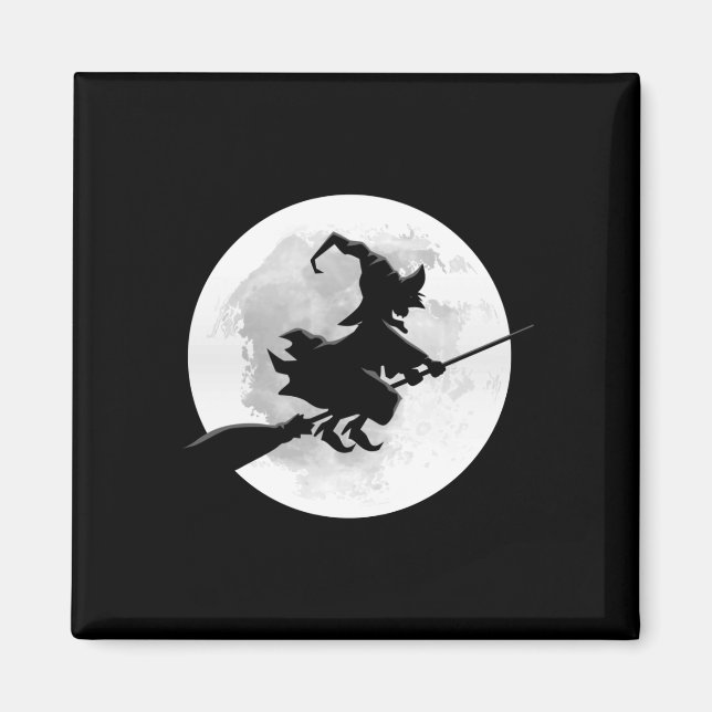 Aimant Sorcière sur balai avec pleine lune design drôle p (Devant)