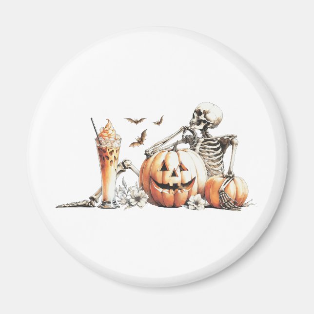 Aimant Squelette avec citrouille et boire. Halloween. (Devant)