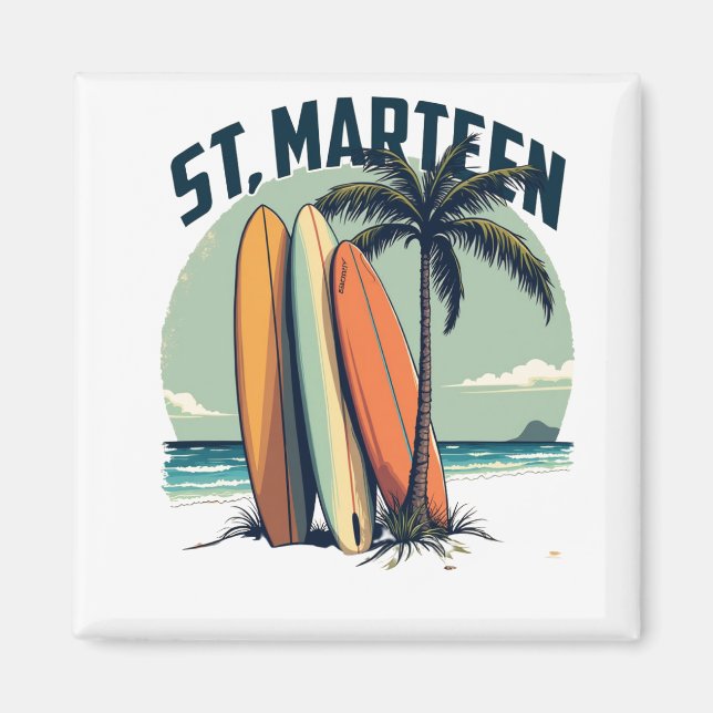 Aimant St. Marteen – Surfboards et plage rétro (Devant)