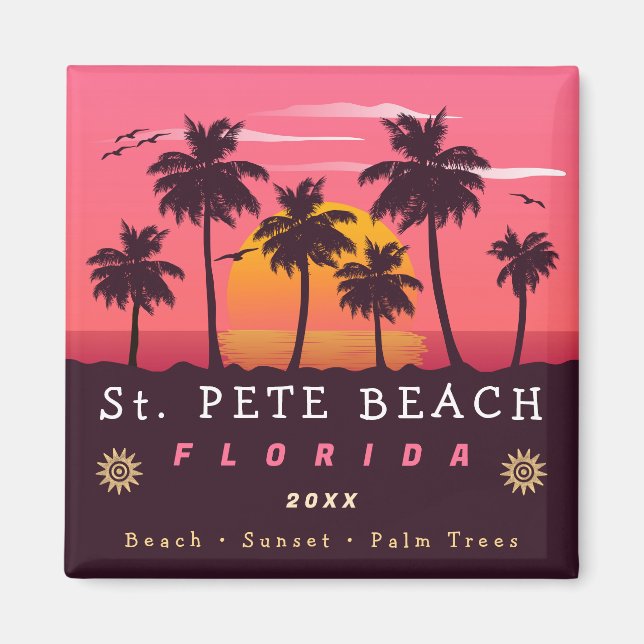 Aimant St. Pete Beach Floride Retro Sunset Palm Trees 80s (Devant)