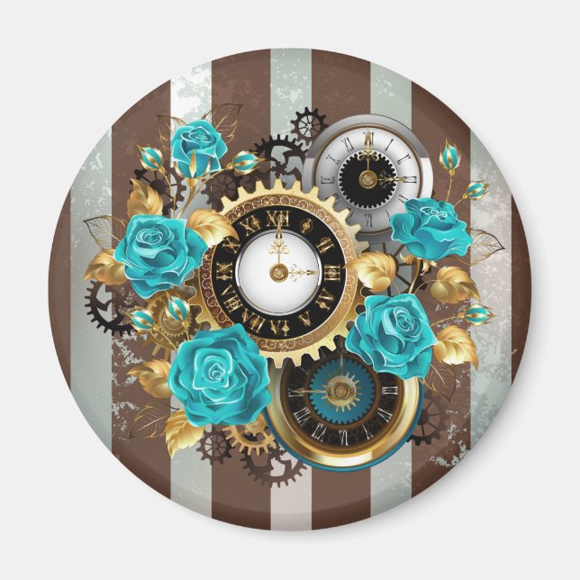 Aimant Steampunk Clock and Turquoise Roses on Striped (Devant)