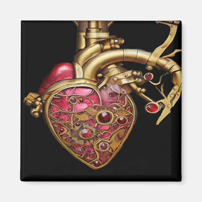 Aimant Steampunk Coeur Anatomique rubis et engrenages (Devant)