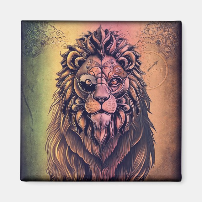 Aimant Steampunk Couleur Gradient Lion Rustique (Devant)