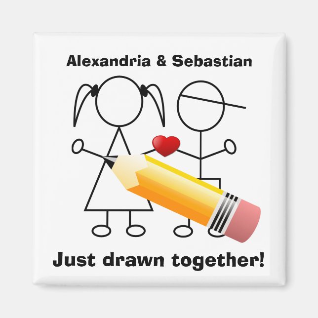 Aimant Stick Figure Couple Avec Coeur Dessiné Ensemble (Devant)