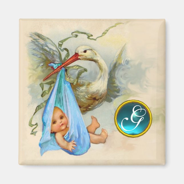 Aimant STORK BÉBÉ GARÇON DOUCHE 2 MONOGRAM, turquase (Devant)