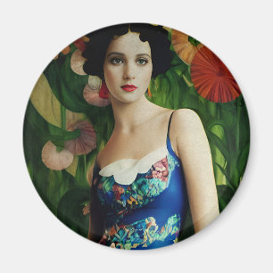 Aimant Style Art Déco Elégant Femme avec Grandes Fleurs A
