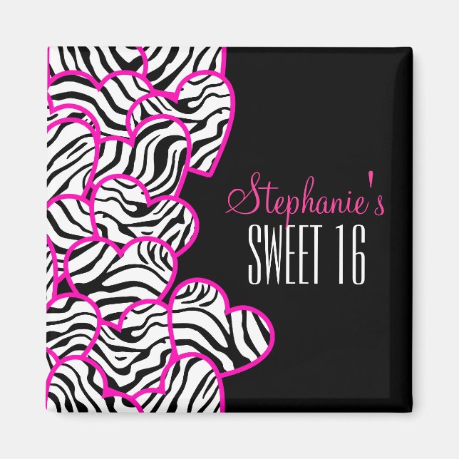Aimant Stylish Pink Sweet 16 Zebra Heart Design Nom (Devant)