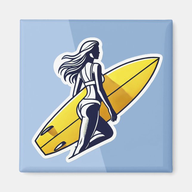 Aimant Surfer fille avec Surf Jaune (Devant)