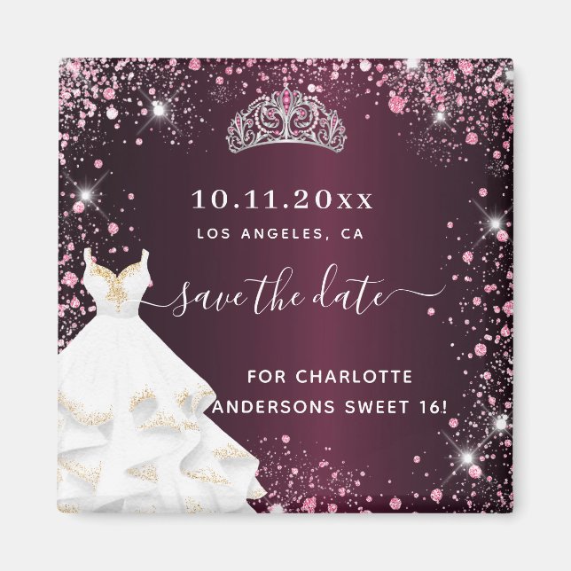 Aimant Sweet 16 robe rose bordeaux enregistrer la date (Devant)