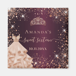 Aimant Sweet 16 rose bordeaux or tiara nom robe