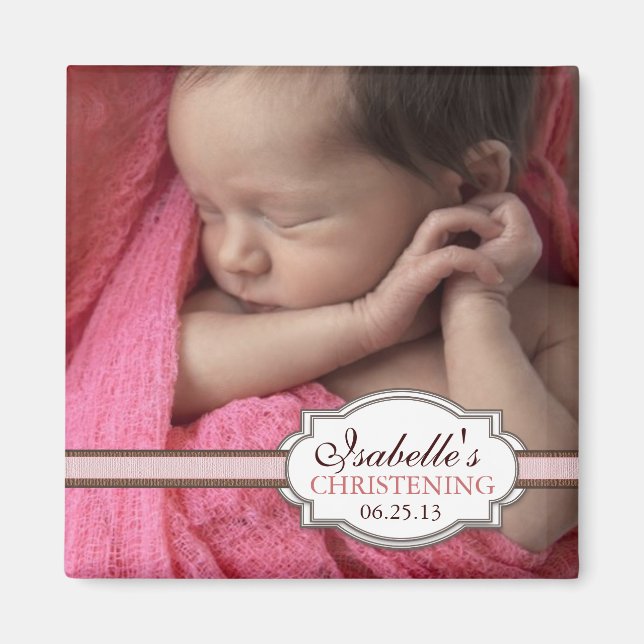 Aimant Sweet Baby Girl Christening Brown & Rose Photo (Devant)