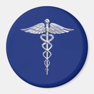 Aimant Symbole Médicale Silver Caduceus sur le Décor bleu