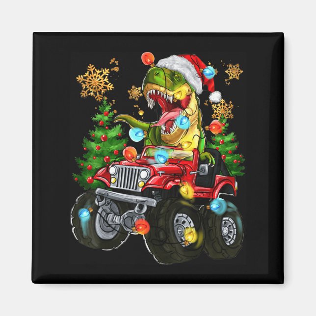 Aimant T-rex Santa In Monster Truck With Christmas Trees  (Devant)