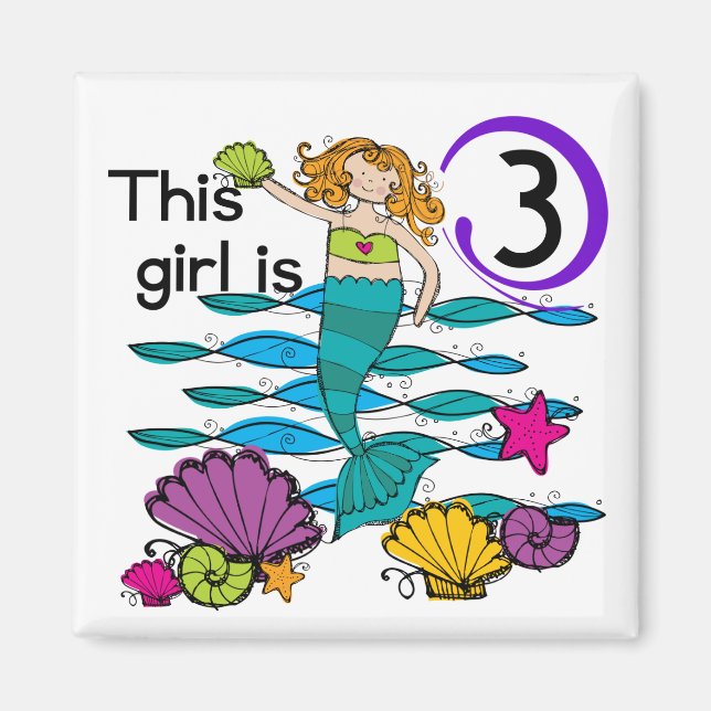 Aimant T-shirts et cadeaux Mermaid 3e anniversaire (Devant)