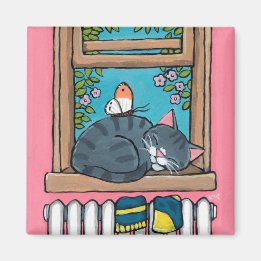 Aimant Tabby Chat dormant avec papillon sur la tige de fe
