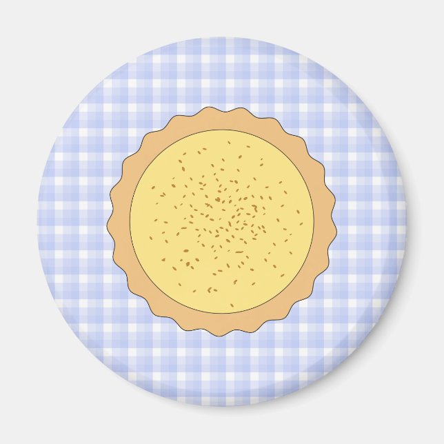 Aimant Tarte à la garde. Tarte jaune, avec En vichy bleu. (Devant)