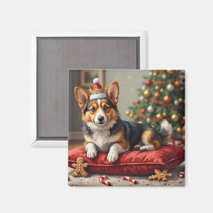 Aimant Tartine de Noël de chien Corgi avec couronne de Sa