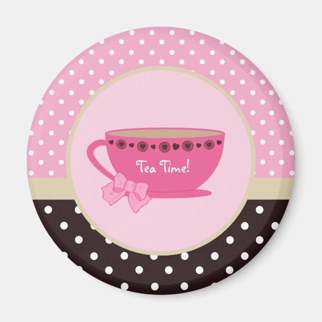 Aimant Tea Time Teacup rose et pote Brown Polka Bow (Devant)
