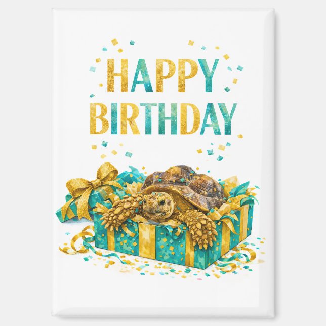 Aimant Teal and Gold Happy birthday Sulcata tortoise gift (Recto)