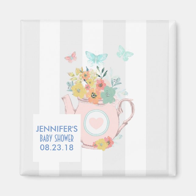 Aimant Teapot rose avec Baby shower Fleurs & Papillons (Devant)