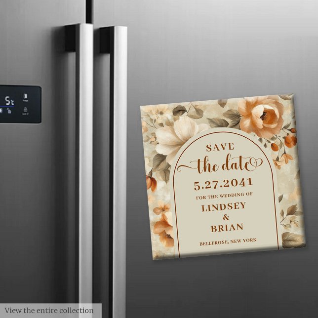 Aimant Tendance Bohème Cuivre Ivoire Olive Floral Sauvega (Trendy Boho Copper Ivory Olive Floral Save Date magnet )