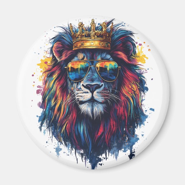 Aimant Tête de lion gras avec lunettes de soleil et couro (Devant)