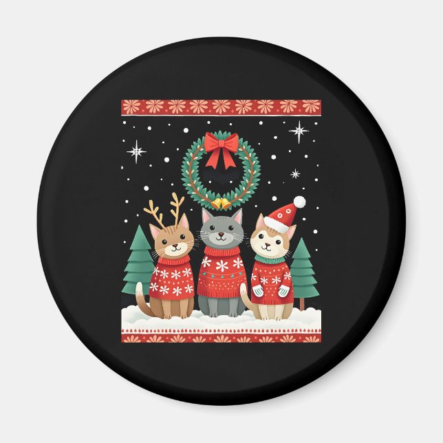 Aimant Three Cat Funny Christmas Cat Ugly Xmas Sweater Me (Devant)
