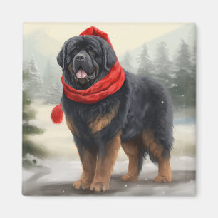 Aimant Tibetan Mastiff dans la neige Noël 