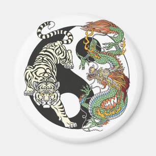 Aimant Tigre blanc contre dragon vert au Yin yang
