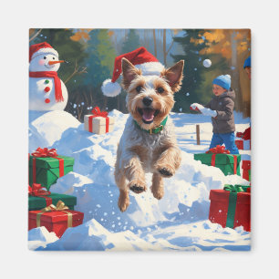 Aimant Tireur Fox Terrier courant dans la neige avec un c