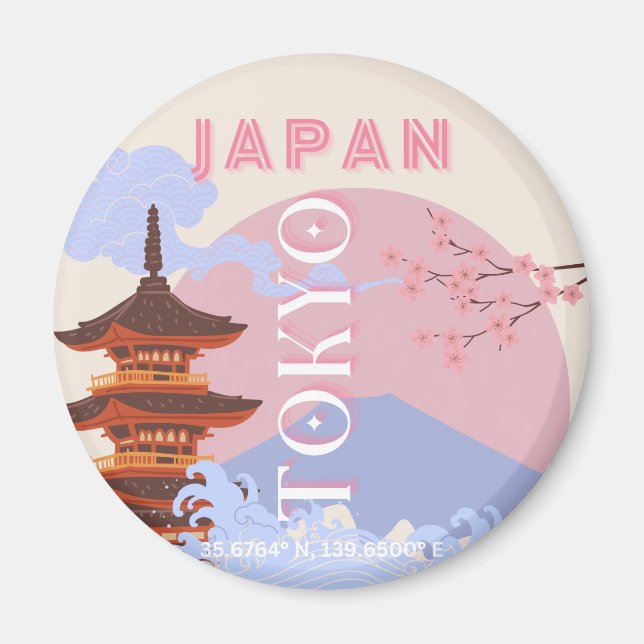 Aimant Tokyo Japan Travel Art, Retro Travel Art, Rose (Devant)