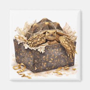Aimant Tortue cadeau d'anniversaire aquarelle or et marro