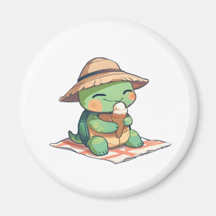 Aimant Tortue Chibi Mignonne avec Chapeau de Paille Mange