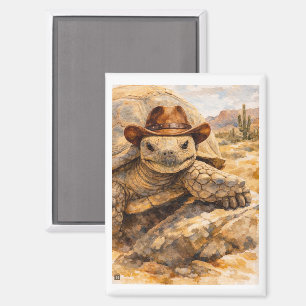 Aimant Tortue Cowboy à l'aquarelle dans le désert