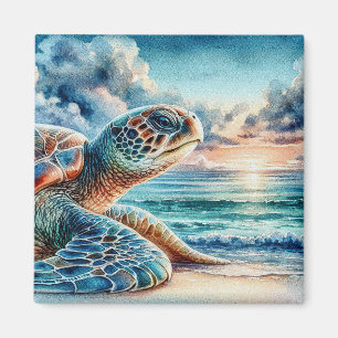 Aimant Tortue de mer verte à l'aquarelle sur une plage de