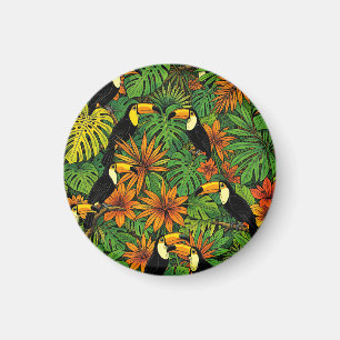 Aimant Toucans Colorés Feuilles de Jungle Tropicale Hibis