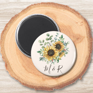 Aimant Tournesol vintage aquarelle monogrammé