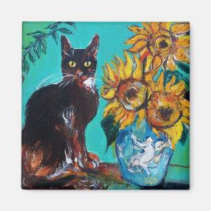 AIMANT TOURNESOLS AVEC CHAT NOIR EN TURQUOISE BLEU