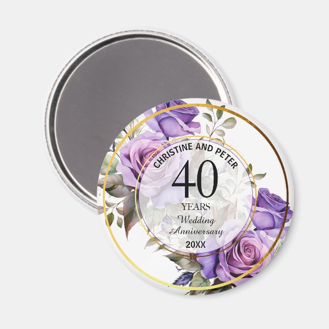 Aimant Tout Mariage Gold Frame Purple Rose Anniversaire (Recto/Verso)