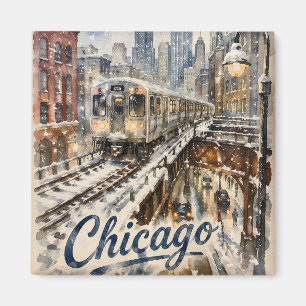 Aimant Train de l'El de Chicago dans la neige d'hiver