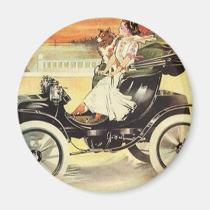Aimant Transport vintage, femme dans une voiture décapota
