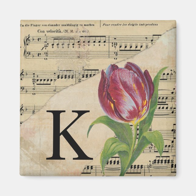 Aimant Tulipe violette Feuille de musique Monogramme init (Devant)