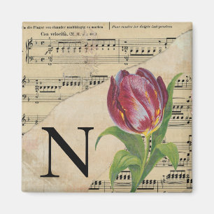 Aimant Tulipe violette Partition Monogramme initial N