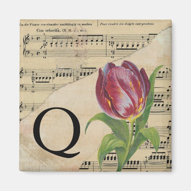 Aimant Tulipe violette Partition Monogramme initial Q (Devant)