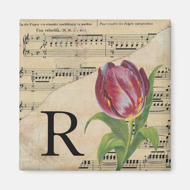 Aimant Tulipe violette Partition Monogramme initial R (Devant)