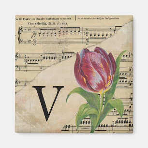 Aimant Tulipe violette Partition Monogramme initial V
