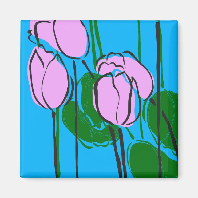 Aimant Tulipes roses dessinées à la main sur bleu ciel (Devant)